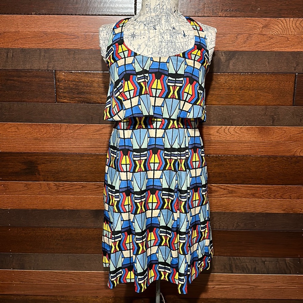 Jessica Simpson Scoop Neck Multi Colored Geometric Sleeveless Midi Dress
